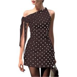image:imageFloerns Womens Polka Dots Off The Shoulder Mini Dress Knot Side Retro Bodycon DressesBrown