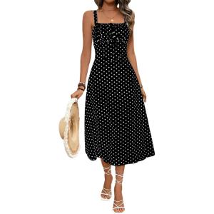 image:imageFloerns Womens Polka Dots Square Neck Tank Dress Ruched Bust Knot A Line Midi DressesBlack