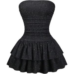 image:imageFloerns Womens Rhinestone Strapless Tube Dress Ruched Layered Ruffle Party Mini DressesBlack