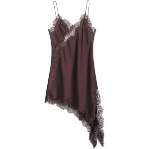 image:imageFloerns Womens Satin Lace Dress Layering Asymmetrical Tops Date Night Slip DressesBrown