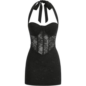 image:imageFloerns Womens Sleeveless Contrast Lace Halter Dress Tie Back Party Bodycon Mini DressBlack