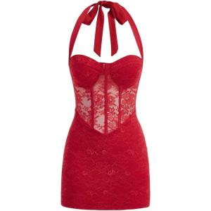 image:imageFloerns Womens Sleeveless Contrast Lace Halter Dress Tie Back Party Bodycon Mini DressRed
