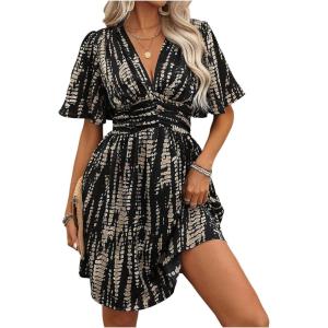 image:imageFloerns Womens Snakeskin Print V Neck Short Dress Flutter Sleeve A Line Flowy DressesBlack