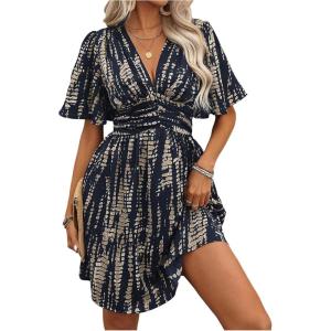 image:imageFloerns Womens Snakeskin Print V Neck Short Dress Flutter Sleeve A Line Flowy DressesDark Blue