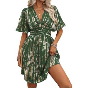 image:imageFloerns Womens Snakeskin Print V Neck Short Dress Flutter Sleeve A Line Flowy DressesDark Green