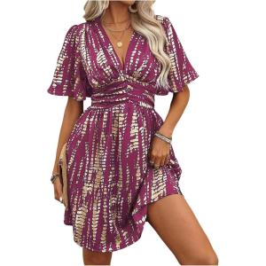 image:imageFloerns Womens Snakeskin Print V Neck Short Dress Flutter Sleeve A Line Flowy DressesRed Violet