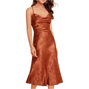 image:imageFloerns Womens Spaghetti Strap Cowl Neck Long Slip Satin Silk Midi DressRust Brown Floral