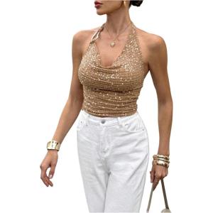 image:imageFloerns Womens Sparkly Sequin Sleeveless Party Halter Tops Open Back Glitter Going Out TopsCoffee Brown