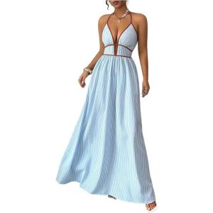 image:imageFloerns Womens Striped Halter Maxi Dress Backless Smocked Beach Vacation Boho DressBlue