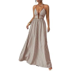 image:imageFloerns Womens Striped Halter Maxi Dress Backless Smocked Beach Vacation Boho DressCoffee Brown