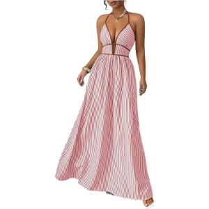 image:imageFloerns Womens Striped Halter Maxi Dress Backless Smocked Beach Vacation Boho DressPink