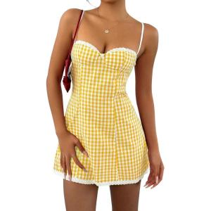 image:imageFloerns Womens Summer Cute Gingham Spaghetti Strap Cami Sun Dress Lace Trim A Line Mini DressesYellow