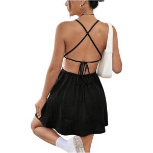 image:imageFloerns Womens Summer Ditsy Floral Backless Tie Back Sleeveless Cami Mini DressBlack Solid