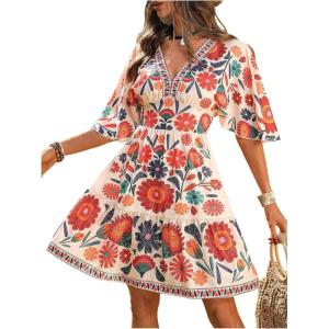 image:imageFloerns Womens Summer Floral A Line Dress Half Sleeve V Neck Concert Outfit Tiered DressesBeige Multi