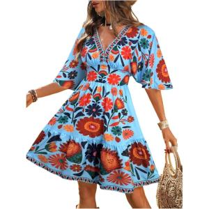 image:imageFloerns Womens Summer Floral A Line Dress Half Sleeve V Neck Concert Outfit Tiered DressesBlue