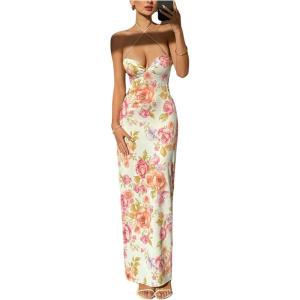 image:imageFloerns Womens Summer Floral Maxi Dress Lace Up Backless Beach Wedding Guest DressesBeige Multi