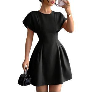 image:imageFloerns Womens Summer Short Dolman Sleeve A Line Dress Crew Neck Pleated Mini DressesBlack