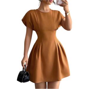 image:imageFloerns Womens Summer Short Dolman Sleeve A Line Dress Crew Neck Pleated Mini DressesRust Brown