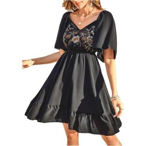 image:imageFloerns Womens Summer Short Dress Flounce Sleeve Embroidery Western Concert A Line DressesBlack