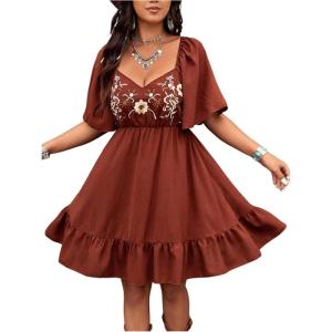 image:imageFloerns Womens Summer Short Dress Flounce Sleeve Embroidery Western Concert A Line DressesBrown