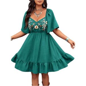 image:imageFloerns Womens Summer Short Dress Flounce Sleeve Embroidery Western Concert A Line DressesGreen