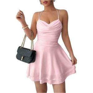 image:imageFloerns Womens Summer Short Halter Dress Draped Ruched Layered Ruffle A Line Cami DressesPink