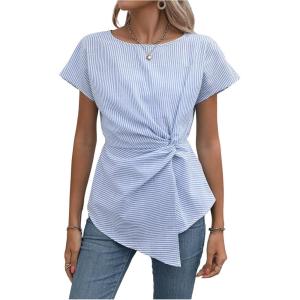 image:imageFloerns Womens Summer Striped Blouse Twist Knot Asymmetrical Hem Short Sleeve Dressy Casual Peplum Top