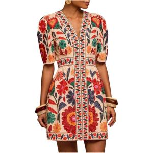 image:imageFloerns Womens Summer Tropical Mini Dress Puff Sleeve V Neck Vacation Outfit A Line DressesApricot