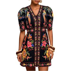 image:imageFloerns Womens Summer Tropical Mini Dress Puff Sleeve V Neck Vacation Outfit A Line DressesBlack