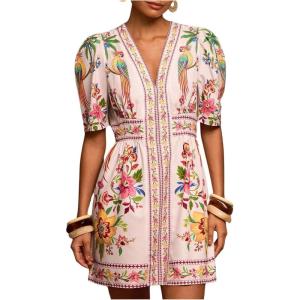 image:imageFloerns Womens Summer Tropical Mini Dress Puff Sleeve V Neck Vacation Outfit A Line DressesPink