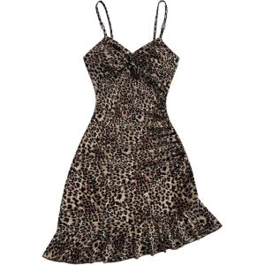 image:imageFloerns Womens Summer Tropical Twist Front Ruched Ruffle Hem Bodycon Cami DressBrown Cheetah