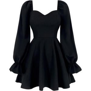 image:imageFloerns Womens Sweetheart Neck Puff Sleeve Dress Zipper A Line Short Ruffle DressesBlack