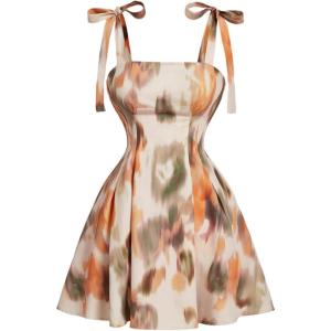 image:imageFloerns Womens Tie Dye Sleeveless Cami Mini Dress Tie Shoulder Flared A Line DressBeige Multi