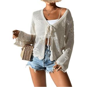 image:imageFloerns Womens Tie Front Crochet Lightweight Long Sleeve Cardigan Sweaters Boho Beach Hollow Out Lace Cover UpBeige