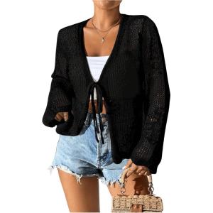 image:imageFloerns Womens Tie Front Crochet Lightweight Long Sleeve Cardigan Sweaters Boho Beach Hollow Out Lace Cover UpBlack