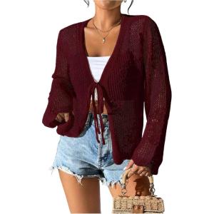 image:imageFloerns Womens Tie Front Crochet Lightweight Long Sleeve Cardigan Sweaters Boho Beach Hollow Out Lace Cover UpBurgundy