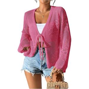 image:imageFloerns Womens Tie Front Crochet Lightweight Long Sleeve Cardigan Sweaters Boho Beach Hollow Out Lace Cover UpSoft Pink