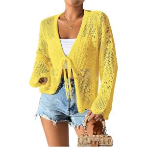 image:imageFloerns Womens Tie Front Crochet Lightweight Long Sleeve Cardigan Sweaters Boho Beach Hollow Out Lace Cover UpYellow