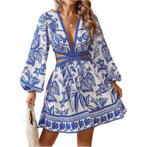 image:imageFloerns Womens Tropical Bishop Sleeve Mini Dress Cut Out Tie Back V Neck Beach A Line DressesBlue