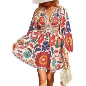 image:imageFloerns Womens Tropical Bishop Sleeve Mini Dress Cut Out Tie Back V Neck Beach A Line DressesBurnt Orange