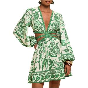 image:imageFloerns Womens Tropical Bishop Sleeve Mini Dress Cut Out Tie Back V Neck Beach A Line DressesGreen