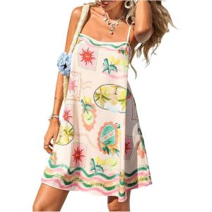 image:imageFloerns Womens Tropical Sleeveless Cami Dress Loose Holiday A Line Mini DressesBeige and Pink