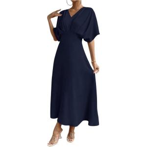 image:imageFloerns Womens V Neck Half Sleeve Ruched Cocktail Evening A Line Long DressBlue Ink