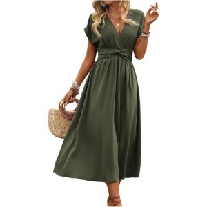 image:imageFloerns Womens Wrap V Neck Flowy Midi Dresses Short Sleeve A Line Ruched Beach DressArmy Green