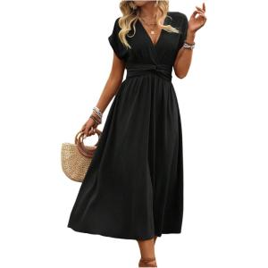 image:imageFloerns Womens Wrap V Neck Flowy Midi Dresses Short Sleeve A Line Ruched Beach DressBlack