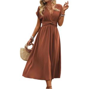 image:imageFloerns Womens Wrap V Neck Flowy Midi Dresses Short Sleeve A Line Ruched Beach DressRust Brown