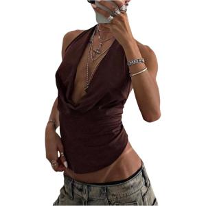 image:imageFloerns Womens Y2k Halter Tops Sleeveless Deep V Neck Tie Open Back Going Out Tank TopCoffee Brown