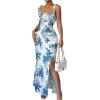 image:imageFloerns Womens Tie Shoulder Floral Boho Maxi Dress Ruched Bust Split Fishtail Beach Bodycon DressesBlue and White