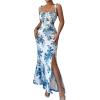 image:imageFloerns Womens Tie Shoulder Floral Boho Maxi Dress Ruched Bust Split Fishtail Beach Bodycon DressesBlue and White