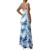 image:imageFloerns Womens Tie Shoulder Floral Boho Maxi Dress Ruched Bust Split Fishtail Beach Bodycon DressesBlue and White